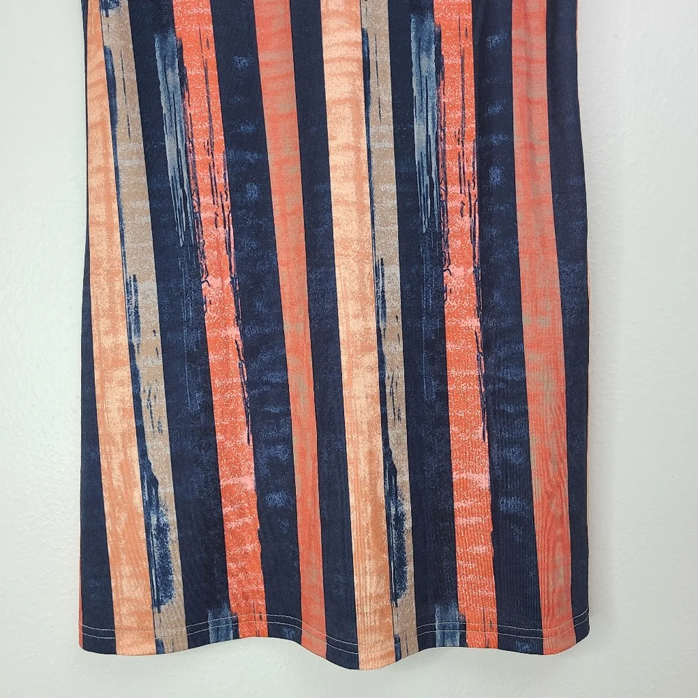 Exclusive Short Sleeve V-Neck Knit Mini Dress Stripes Blue Peach Size Small_7